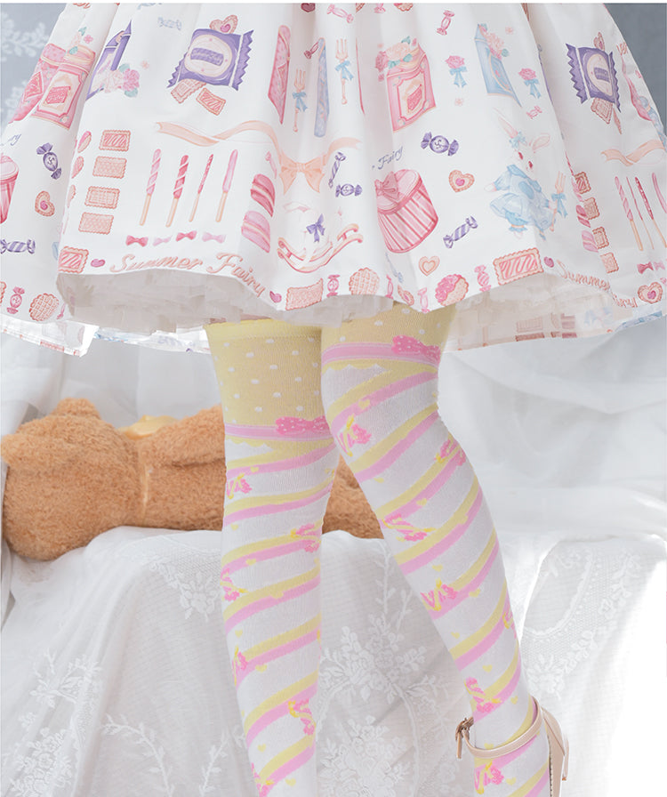 Roji roji - Little Candy Cotton Lolita Knee Socks One Size wide yellow-pink stripe