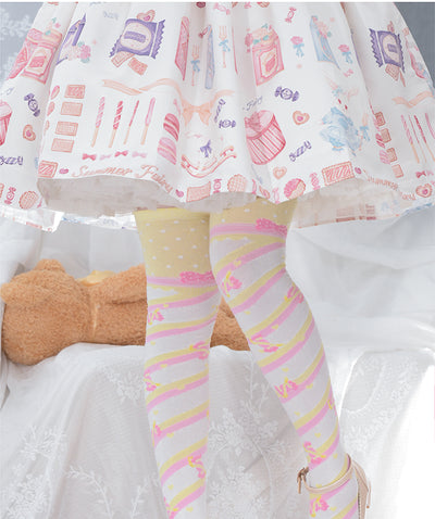Roji roji~Little Candy Cotton Lolita Knee Socks free size wide yellow-pink stripe 