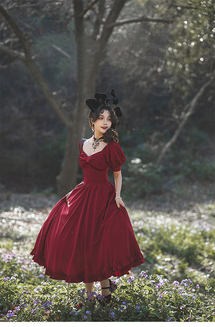 Beleganty~Miss Rebecca~Pure Color Elegant Lolita OP Dress S satin wine red-long version 