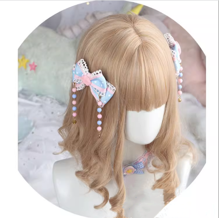 (Buyforme)Manmeng~Pink and Blue Sweet Lolita Bow Headwear pibk blue bells and stars side clips (1 pair)  