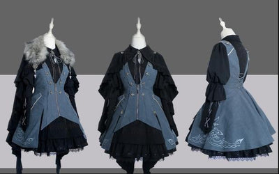 (Buy for me) Wuyuzhe~Tale Bringer's DRAGOON~Gothic Lolita Short Version Full Set free size black*gray-blue FULLSET 
