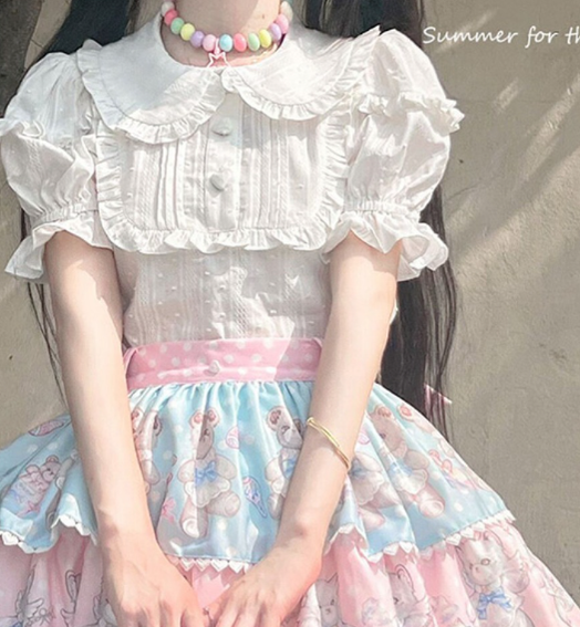 Sakurada Fawn - Plus Size Lolita Shirt Solid Color Short Sleeve Blouse S white