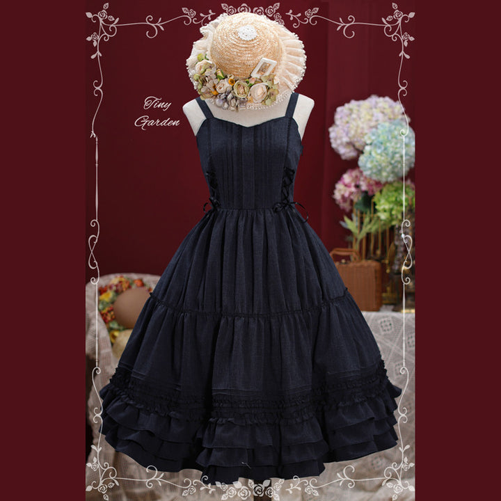 Tiny Garden~Garden Dance 2.0~Elegant Lolita JSK Dress Side Drawstring Bow S dark navy (suit for all seasons) 