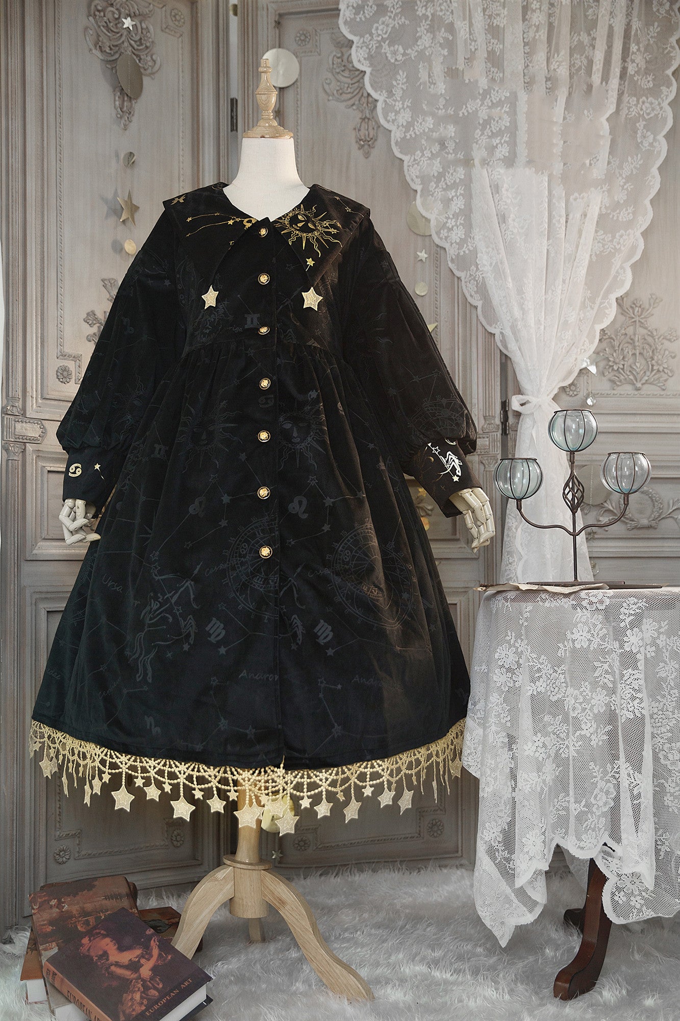 Boguta~Stargazer~French Lolita Winter Velvet OP Dress Free size black dark fringe with gold stars trimming 
