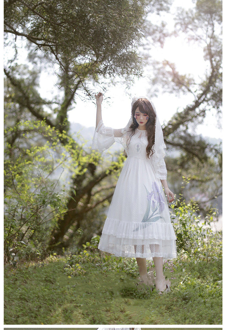 Beleganty~Fleur-de-lis~ Lolita Polka Dot Dress Free size white gauze cover+white dress 