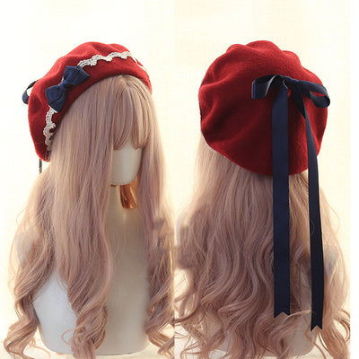 Xiaogui~Japanese Style Sweet Woolen Lolita Lace Beret navy blue bow (wine red hat)  
