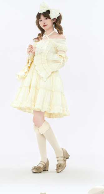 Bacio Bouquet~Doll Story~Sweet Lolita OP Dress with Mini Sleeves S cream yellow 