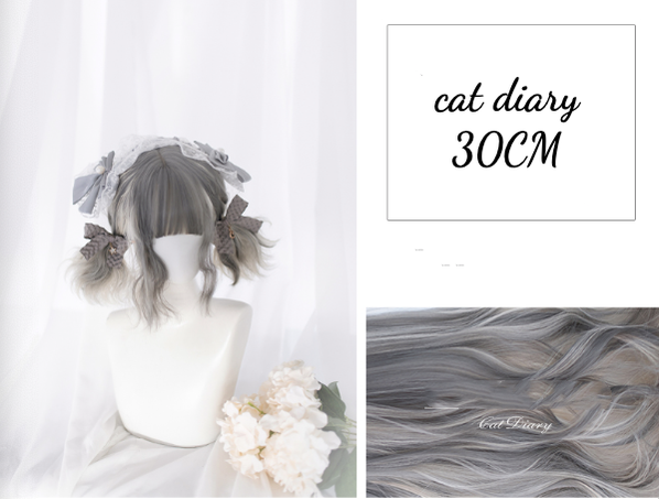 Alicegarden~Harajuku Style Cat Ear Gradient Light Grey Curly Wig short wig  