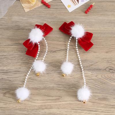 Xiaogui~Han Lolita Bow Red Hair Clips Sweet Headdress 3. mink hairballs with chains and bow(a pair)  