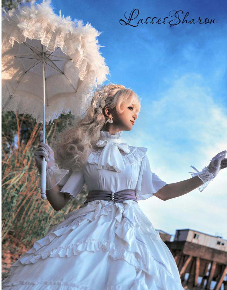 Exquisite Retro Wedding Tiered-Lace Feather Lolita Parasol white  
