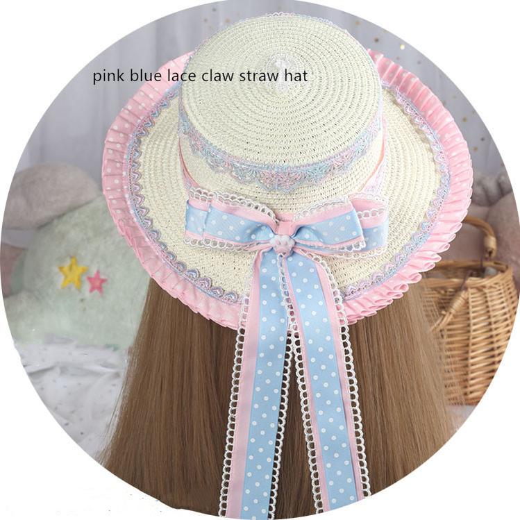 Manmeng - Pink and Blue Sweet Lolita Bow Headwear pink blue lace claw straw hat