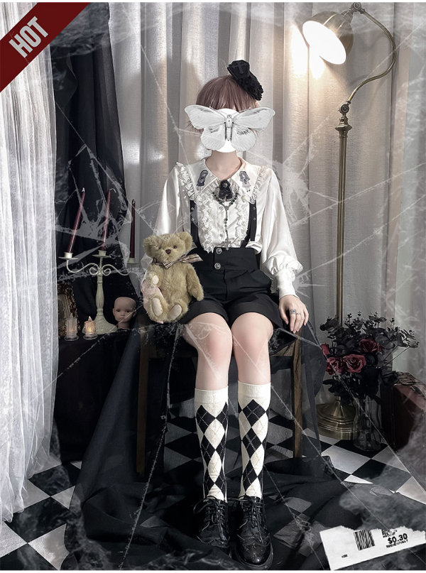 CastleToo - Corroding the Heart - Ouji Lolita Shirt Suspenders Shorts One Size Black and White Rhombic Calf Socks