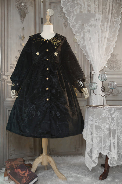 Boguta~Stargazer~French Lolita Winter Velvet OP Dress Free size black dark fringe without gold stars trimming 