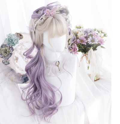 Hengji~65cm Long Curly Blonde Purple Gradient Wavy Wig   
