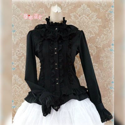 Strawberry Witch~Stand Coallr Silk Retro Lolita Blouse S black 