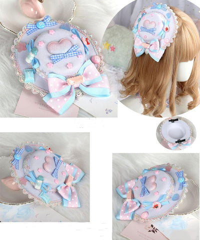(Buyforme)Manmeng~Pink and Blue Sweet Lolita Bow Headwear heart lace top hat  
