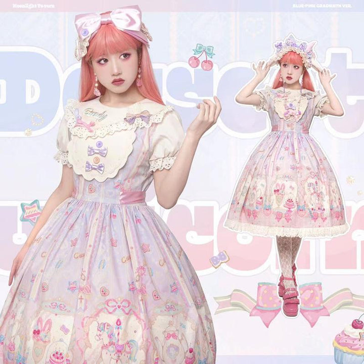 (Buyforme) Moonlight Tavern~Dessert Unicorn Sweet Lolita Salopette blue-pink gradient color (contoured collar version) low saturation S 