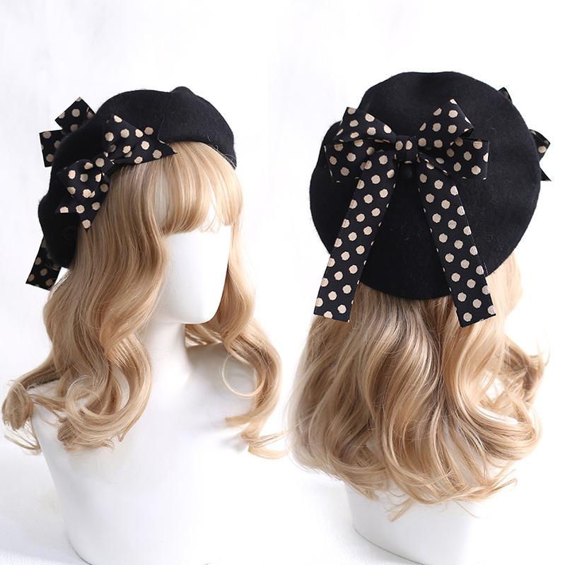 Xiaogui~Sweet Lolita Red Polka Dots Bow Beret Hat M（56-58cm） black 