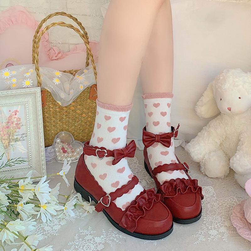 Sheep Puff - Mei Lulu - Lolita Japanese Lace Single Shoes 34 wine red