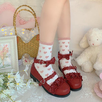 Sheep Puff~Mei Lulu~Lolita Japanese Lace Single Shoes 34 wine red 