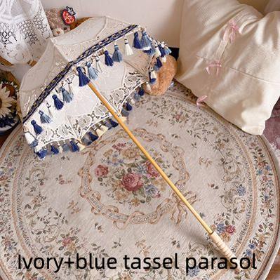 LongMao Lolita~Hollow Embroidered Lace Lolita Parasol Multicolors ivory+blue tassel parasol  