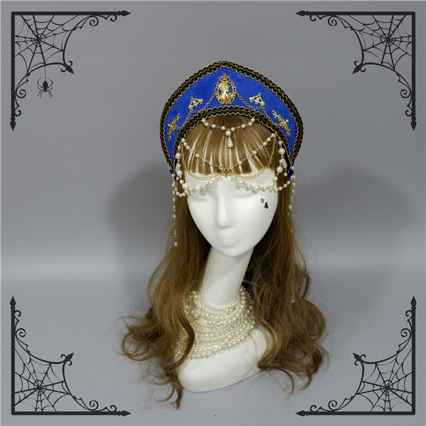 Foxcherry-Palace Retro Gorgeous Bead Chain Headdress Multicolors free size sapphire blue 