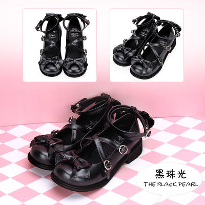 Angelic imprint - Sweet Lolita Bow Shoes, Low Heel, Round Toe 34 Pearlescent - black