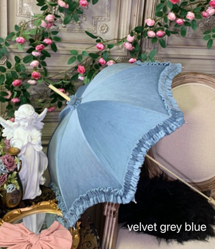 Handmade European Style Vintage Flounce Lolita Parasol Multicolors pagoda-shape velvet grey blue 