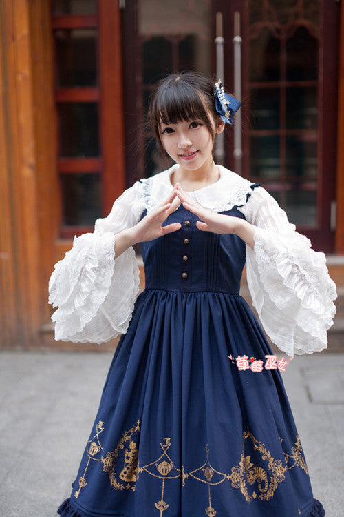 Strawberry Witch - Alice in Wonderland - Classic Lolita JSK Dress Gold Foil Printing 3XL navy blue
