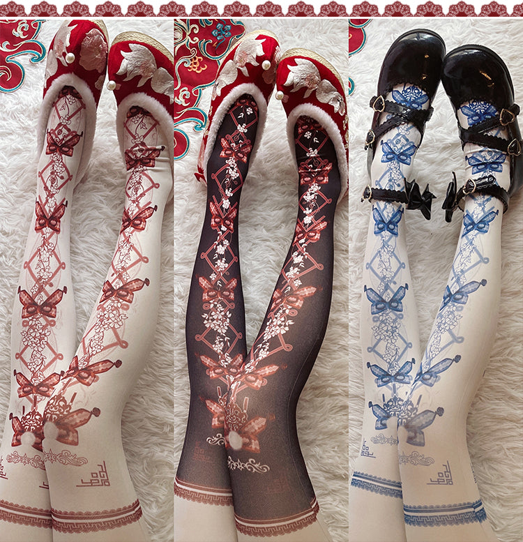 Red Maria - Blooms Print Nylon Lolita Tights One Size black with red