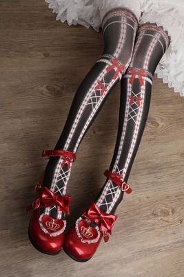 Red Maria~Sweet Ribbon Velvet Lolita Tights free size black background with red 