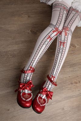 Red Maria~Sweet Ribbon Velvet Lolita Tights free size white background with black red 