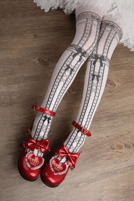 Red Maria~Sweet Ribbon Velvet Lolita Tights free size white background with black grey 