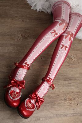 Red Maria~Sweet Ribbon Velvet Lolita Tights free size special red background with white 