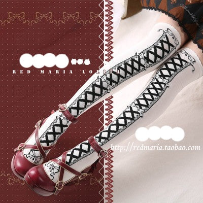 Red Maria - Ribbon Doll Cotton Lolita Tights One Size white background with black