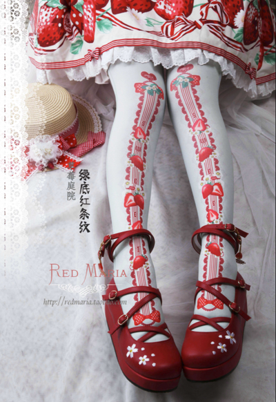 Red Maria~Strawberry Garden 80D Velvet Lolita Tights free size red stripe on the green background 