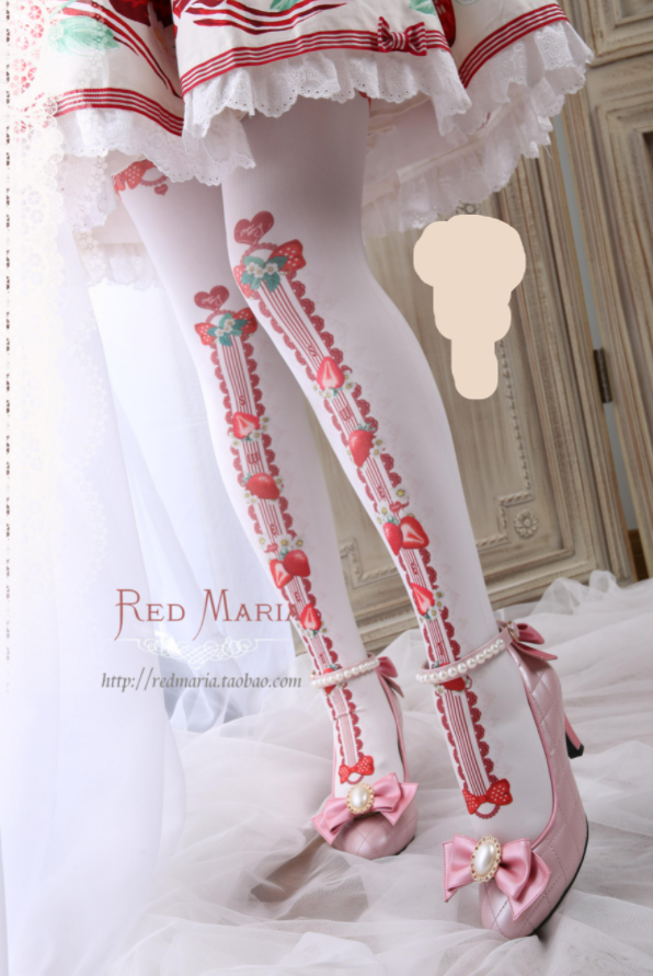 Red Maria~Strawberry Garden 80D Velvet Lolita Tights free size red stripe on white background 