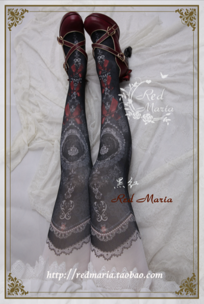 Red Maria~Peacock Feather Retro Velvet 80D Lolita Tights free size black red 