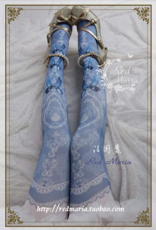 Red Maria~Peacock Feather Retro Velvet 80D Lolita Tights free size France blue 