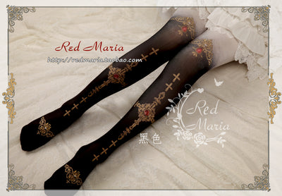 Red Maria~ Cross Print 80D Velvet Lolita Tights   