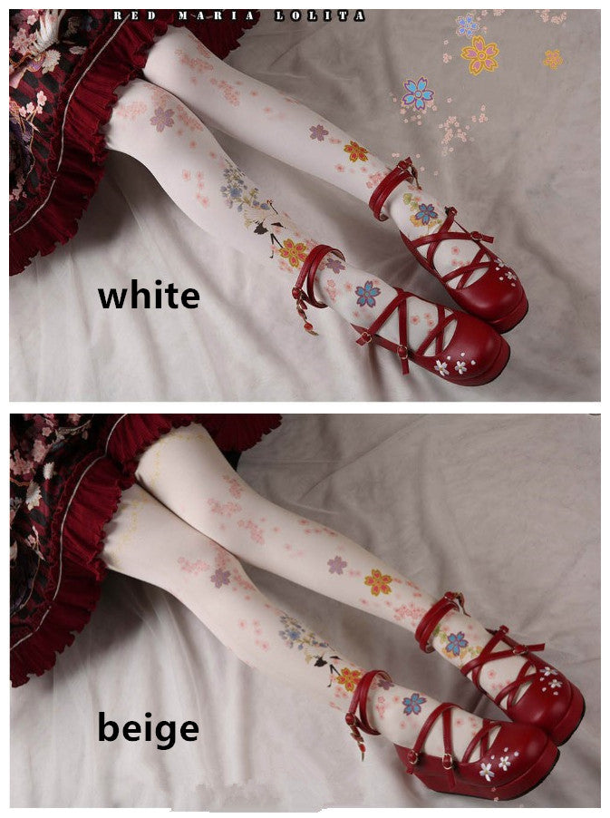 Red Maria~Sweet 80D Velvet Lolita Tights free size beige white 