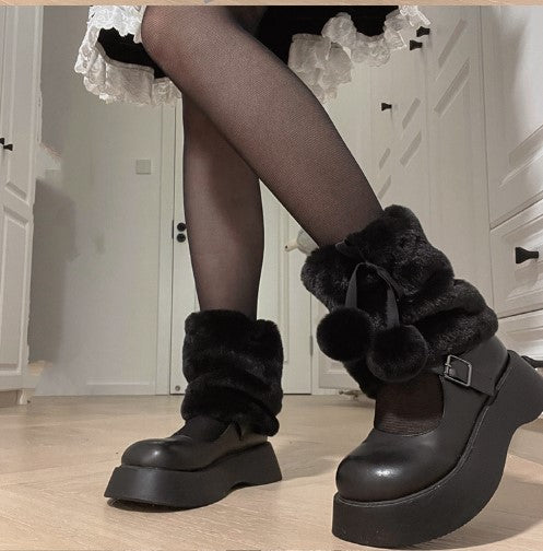 Roji roji~ Sweet Lolita Leg Warmer free size black leg warmer (black ribbon black balls) 