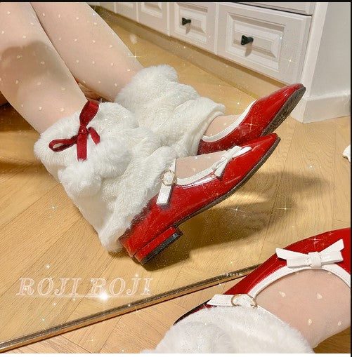Roji roji~ Sweet Lolita Leg Warmer free size white leg warmer (red ribbon white balls) 