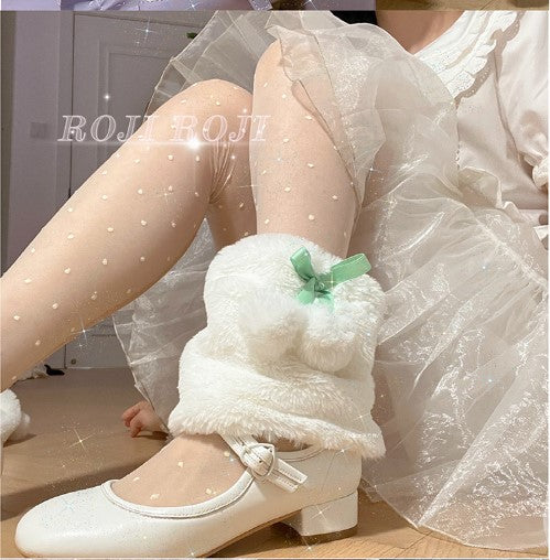 Roji roji~ Sweet Lolita Leg Warmer free size white leg warmer (black ribbon white balls) 