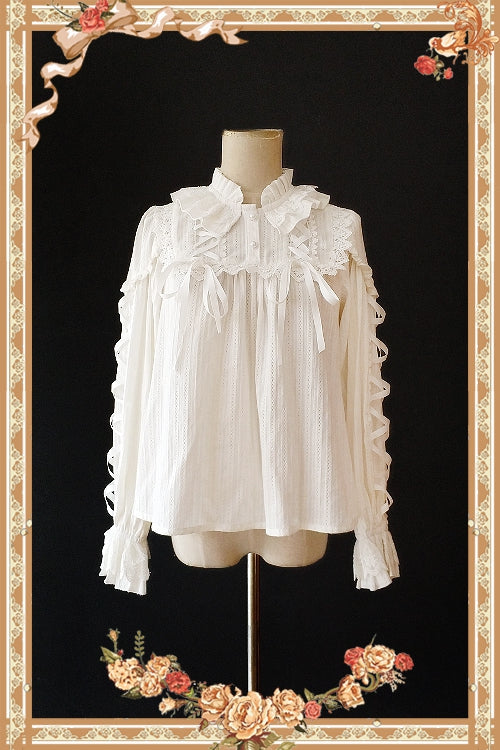 Infanta~Warm Tea~ Cute Ribbon Long Sleeves Cotton Blouse free size white 