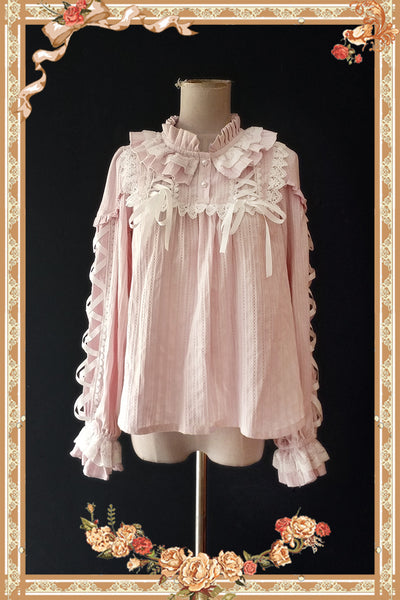 Infanta~Warm Tea~ Cute Ribbon Long Sleeves Cotton Blouse   