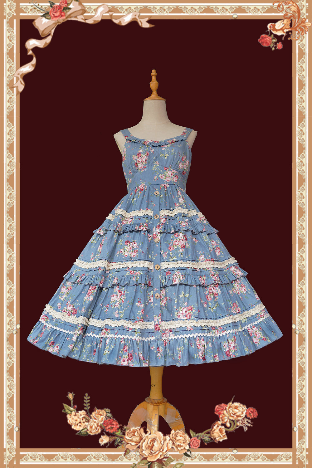 Infanta~Corola‘s Little Garden~Cotton Floral Tiered Lolita JSK M blue JSK