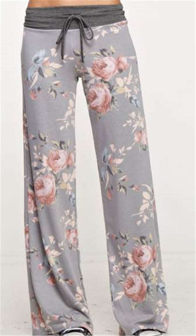 Summer Printed High Waist Wide Legs Casual Pants XL grey 