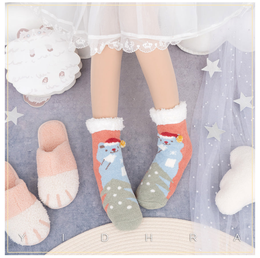 Yidhra~Coral Flannelette Warm Kawaii Lolita Christmas Socks freesize blue cat 