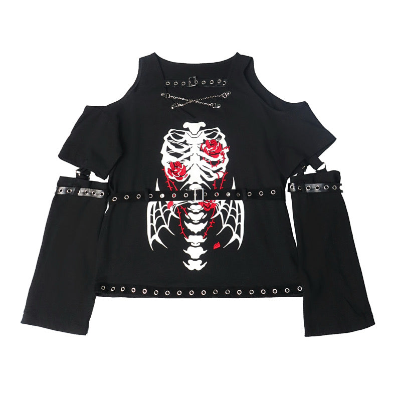 Blood Supply~Skull Print Detachable Sleeve Lolita Shirt M Skeleton embroidery black T-shirt 